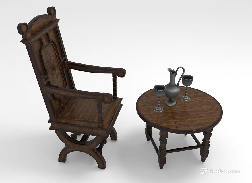 Classic Wooden Leisure Chair With Small Round Table Water Jug Wine Glasses 3d model 