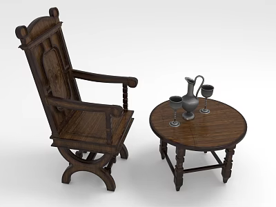 Classic Wooden Leisure Chair With Small Round Table Water Jug Wine Glasses 3d model