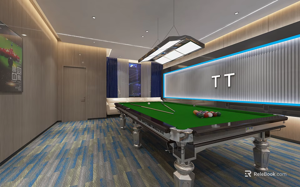 Modern Billiard Room Interior With Pool Table Sofa And Lighting 3d model
