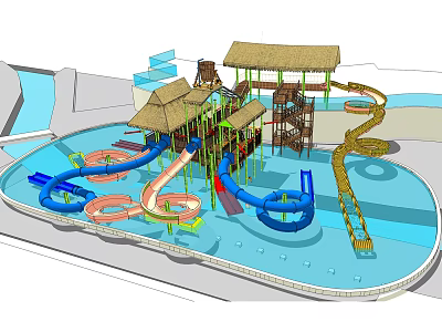 Water Park Play Equipment Featuring Multiple Colorful Slides Thatched Roof Structures and Pool Area 3d model