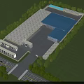 Industrial Factory Complex Featuring Multiple Buildings Blue White Roofs And Tree Surroundings 3d model