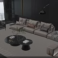 Modern Beige Sofa and Coffee Table Set With Multiple Cushions Area Rug and City View