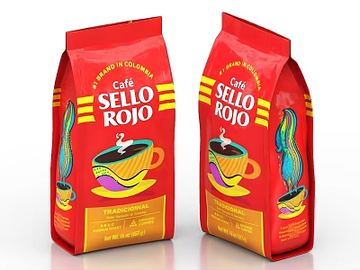 Café Sello Rojo Ground Coffee Beverage In Red Packaging With Coffee Cup Design 3d model