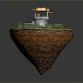 Floating Island With Lush Green Grass Water Well And Wooden Bucket