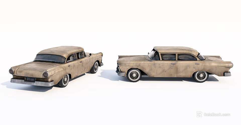 Two Vintage Classic Cars With Worn Weathered Body And Retro Design 3d model 