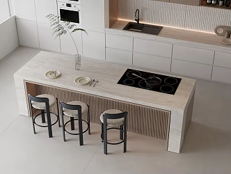 Bar Dining Table and Chair Combination Marble Bar Counter Middle Island Dining Table Metal Bar Chair Marble Sideboard Induction Cooker Oven Sink Faucet Tableware Vase 3d model