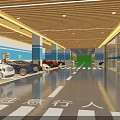 Modern Parking Lot With Well Lit Interior Parked Cars Blue Walls And Wooden Ceiling
