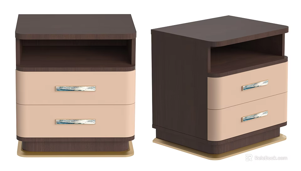 Modern Bedside Table With Two Drawers Beige Front Dark Wood Frame And Gold Base 3d model
