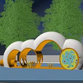 Cloud Shaped Playground Equipment with White Orange Arched Tunnels and Circular Panel Featuring Colorful Patterns 3d model