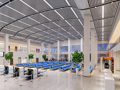 Modern Station Interior Design With Blue Seats White Pillars Metal Ceiling And Green Plants 3d model
