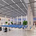 Modern Station Interior Design With Blue Seats White Pillars Metal Ceiling And Green Plants