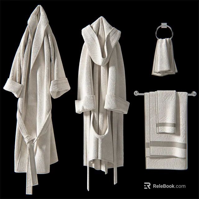 Soft White Plush Bathrobes And Hanging Towels With Folded Towels For Bathroom Use 3d model 