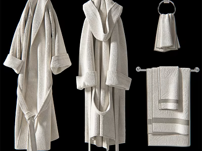 Soft White Plush Bathrobes And Hanging Towels With Folded Towels For Bathroom Use 3d model