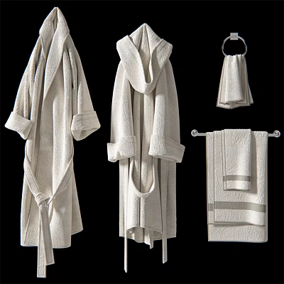Soft White Plush Bathrobes And Hanging Towels With Folded Towels For Bathroom Use 3d model