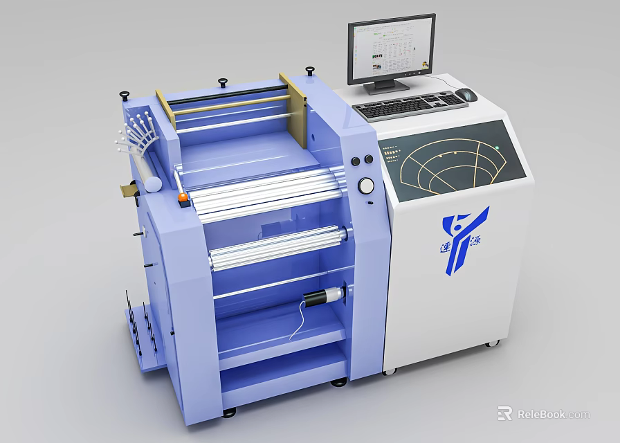Blue And White Modern Kitchen Appliance With Computer Monitor Control Panel And Rollers 3d model 