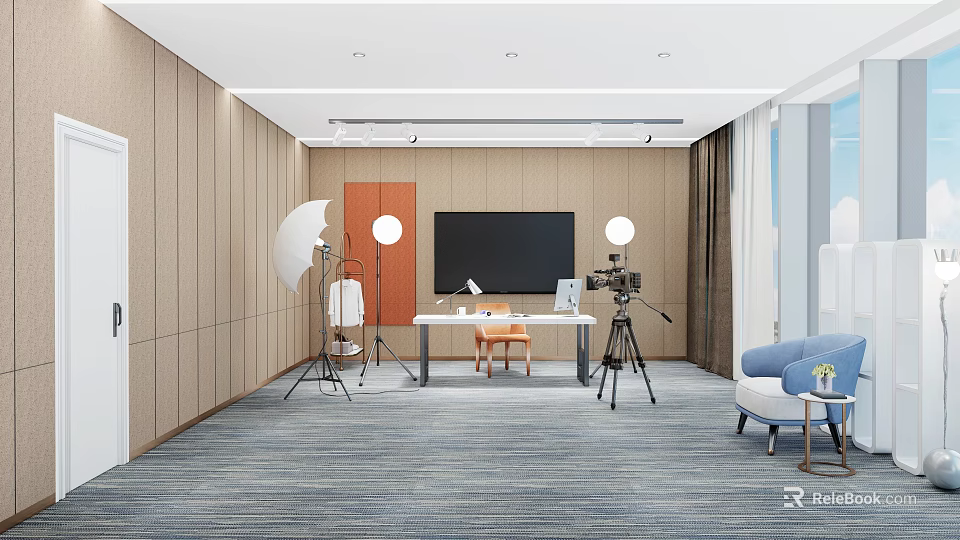 Modern Public Office Space Interior With Large Monitor Desk Chair And Sofa Setup 3d model 