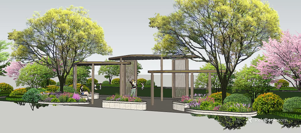 Pergola With Open Wooden Structure People Relaxing Among Green Trees And Lush Plants 3d model 