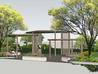Pergola With Open Wooden Structure People Relaxing Among Green Trees And Lush Plants 3d model