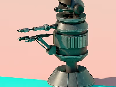 Metallic Green Intelligent Robot With Multiple Mechanical Arms Gray Base On Pink Blue Background 3d model