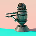 Metallic Green Intelligent Robot With Multiple Mechanical Arms Gray Base On Pink Blue Background