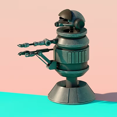Metallic Green Intelligent Robot With Multiple Mechanical Arms Gray Base On Pink Blue Background 3d model