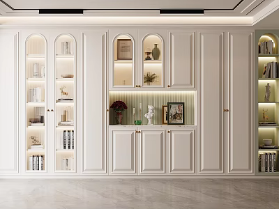 Modern White Wine Cabinet Design With Multiple Storage Shelves Decorative Vases And Photo Frames 3d model