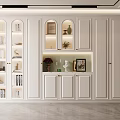 Modern White Wine Cabinet Design With Multiple Storage Shelves Decorative Vases And Photo Frames