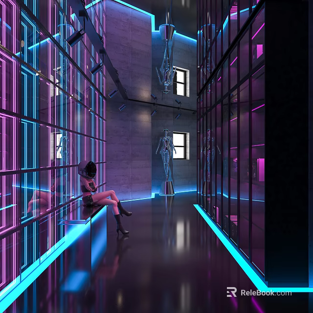 Modern Clubhouse Hallway Featuring Neon Lights Glass Walls And Someone Sitting 3d model 
