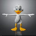 Cute Cartoon Duck With White Feathers Yellow Beak And Feet Arms Outstretched Friendly Gray Background