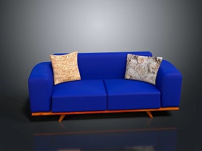 Stylish Blue Sofa With Two Patterned Cushions And Wooden Legs For Living Room 3d model