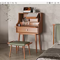 Wooden Dressing Table with Cosmetics Perfume Bottles and Green Cushioned Stool Near Plant