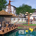 Scenic Chinese Traditional Buildings Leisure Area With Pond Wooden Walkway And Thatched Umbrellas