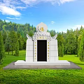 Traditional White Garden Ornamental Structure With Green Lawn And Surrounding Trees Under Blue Sky