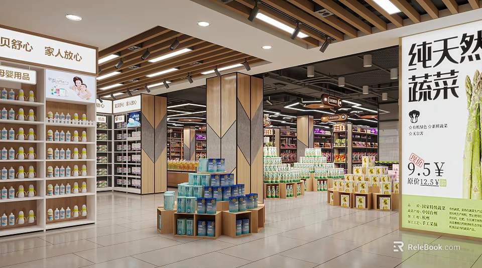 Bright Modern Supermarket Department Store Interior With Organized Shelves And Stacked Products 3d model 