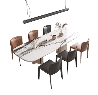 Rock Board Dining Table Long Dining Table Leather Dining Chair Single Chair Chandelier Books Jewelry Ornaments 3d model