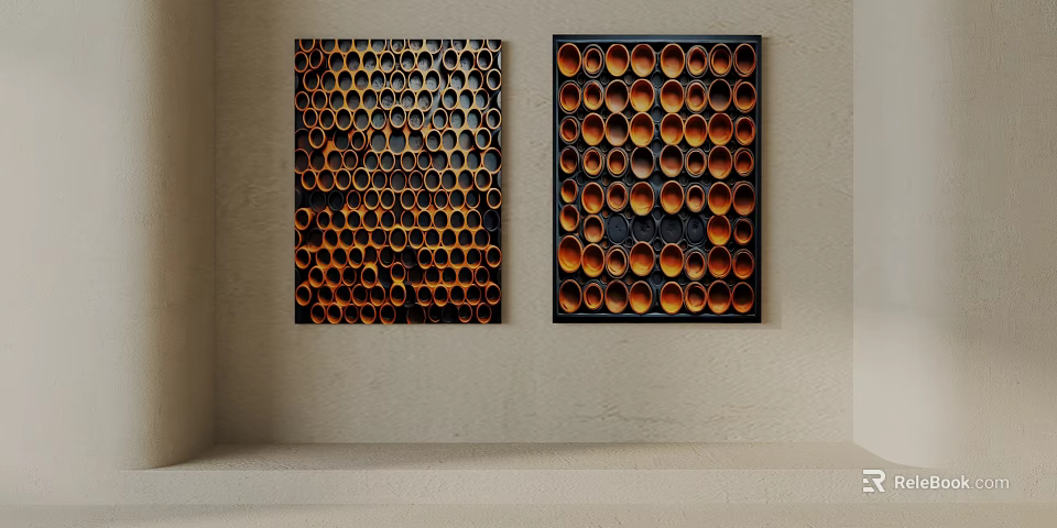 Wall Mounted Decorative Panels With Honeycomb Pattern And Circular Orange Black Elements 3d model