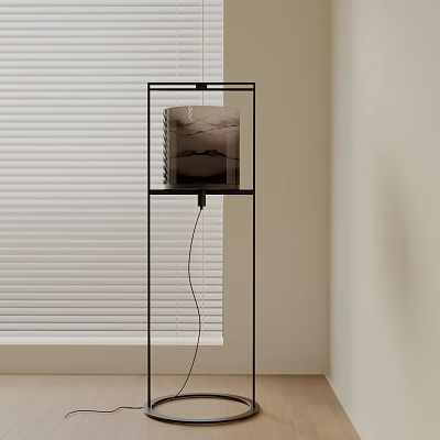 Modern Black Frame Floor Lamp With Cylindrical Shade Near Beige Wall And Window Blinds 3d model