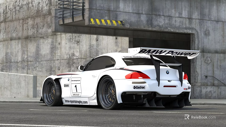 White BMW Race Car Rear Design With BMW POWER Branding Number 1 In Industrial Setting 3d model 