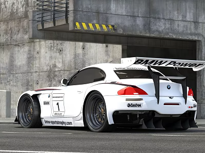 White BMW Race Car Rear Design With BMW POWER Branding Number 1 In Industrial Setting 3d model