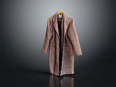Long Plaid Pattern Coat Hanging On Wooden Hanger With Red Brown Checks 3d model