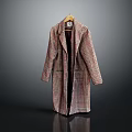 Long Plaid Pattern Coat Hanging On Wooden Hanger With Red Brown Checks