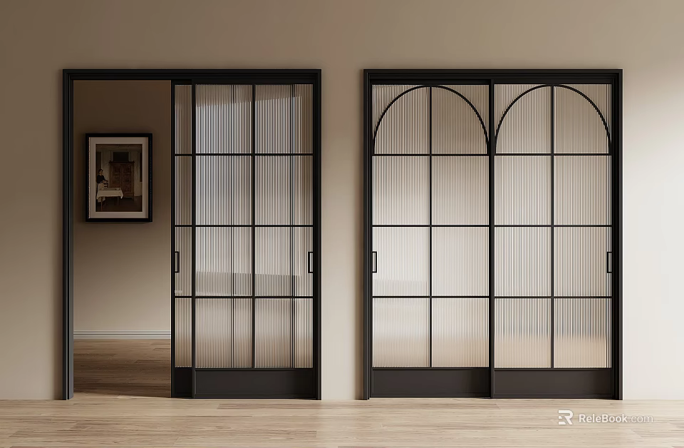 Black Framed Glass Sliding Doors with Square Grid and Arched Top Design in Modern Interior 3d model 