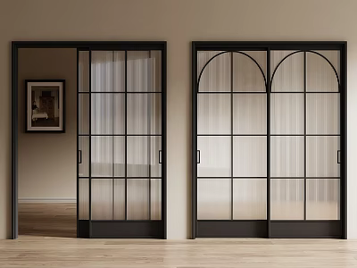 Black Framed Glass Sliding Doors with Square Grid and Arched Top Design in Modern Interior 3d model