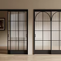 Black Framed Glass Sliding Doors with Square Grid and Arched Top Design in Modern Interior