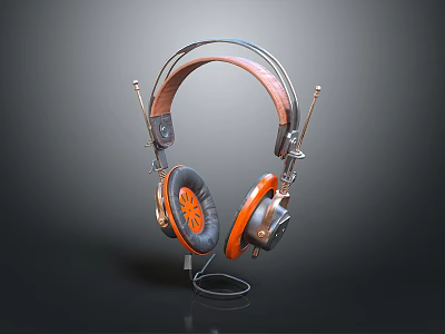 High Quality Vintage Audio Headphones With Wooden Headband Metal Bracket And Orange Earpads 3d model