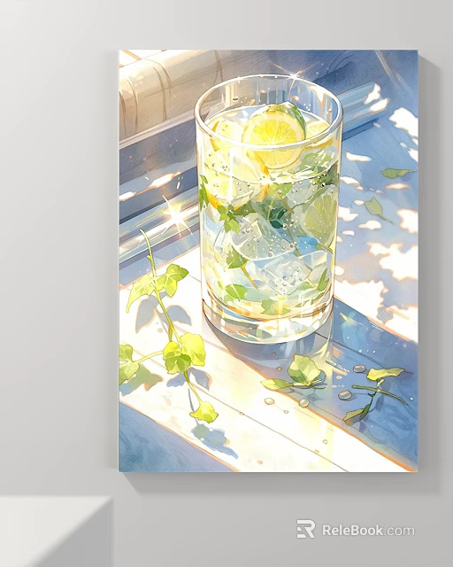 Scenic Landscape Painting with Sunlight Transparent Water Lemon Tones and Mint Leaves 3d model 