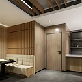 Modern Restaurant Interior With Wooden Slat Ceiling Booth Seating And Warm Ambiance