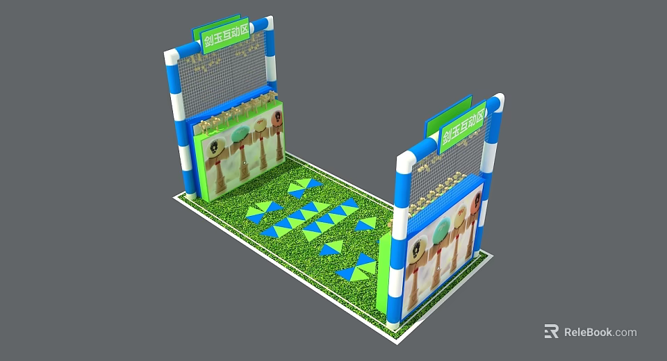 Interactive Play Zone With Blue White Frames Green Turf Floor Geometric Mats And Side Panels 3d model