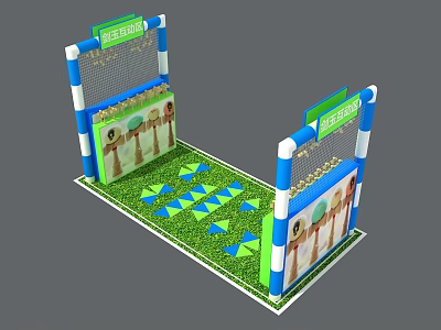 Interactive Play Zone With Blue White Frames Green Turf Floor Geometric Mats And Side Panels 3d model