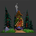 Charming Forest Cabin With Red Roof Log Decor Smoking Chimney And Two Tall Pine Trees